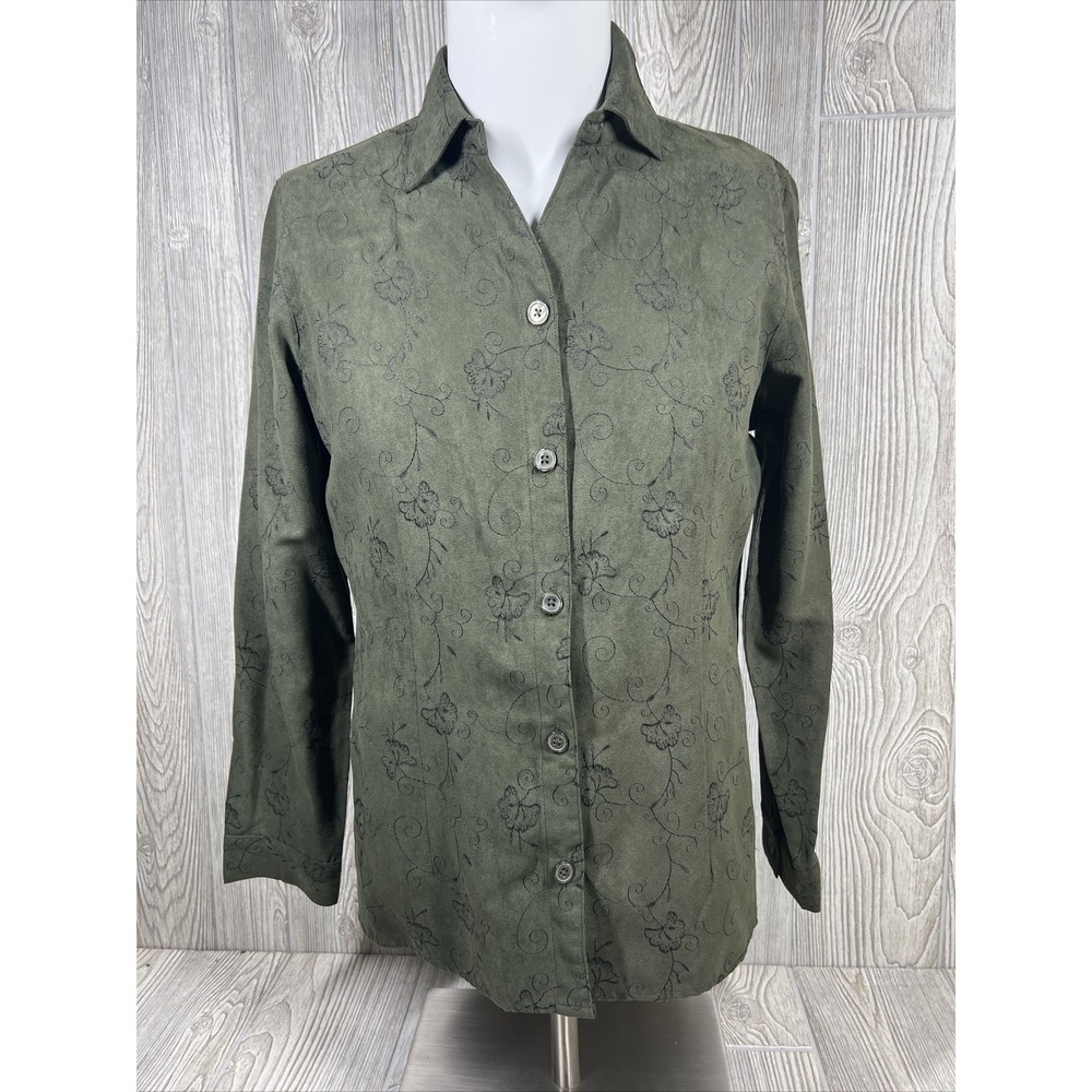 Vintage Sag Harbor Embroidered Green‎ Floral Button Up Shirt Womens SZ M
